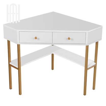 Bureau d’Angle Élégant avec 2 Tiroirs & Étagères