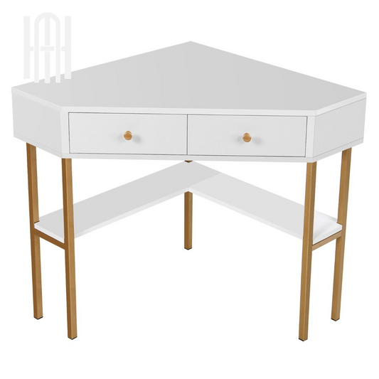 Bureau d’Angle Élégant avec 2 Tiroirs & Étagères