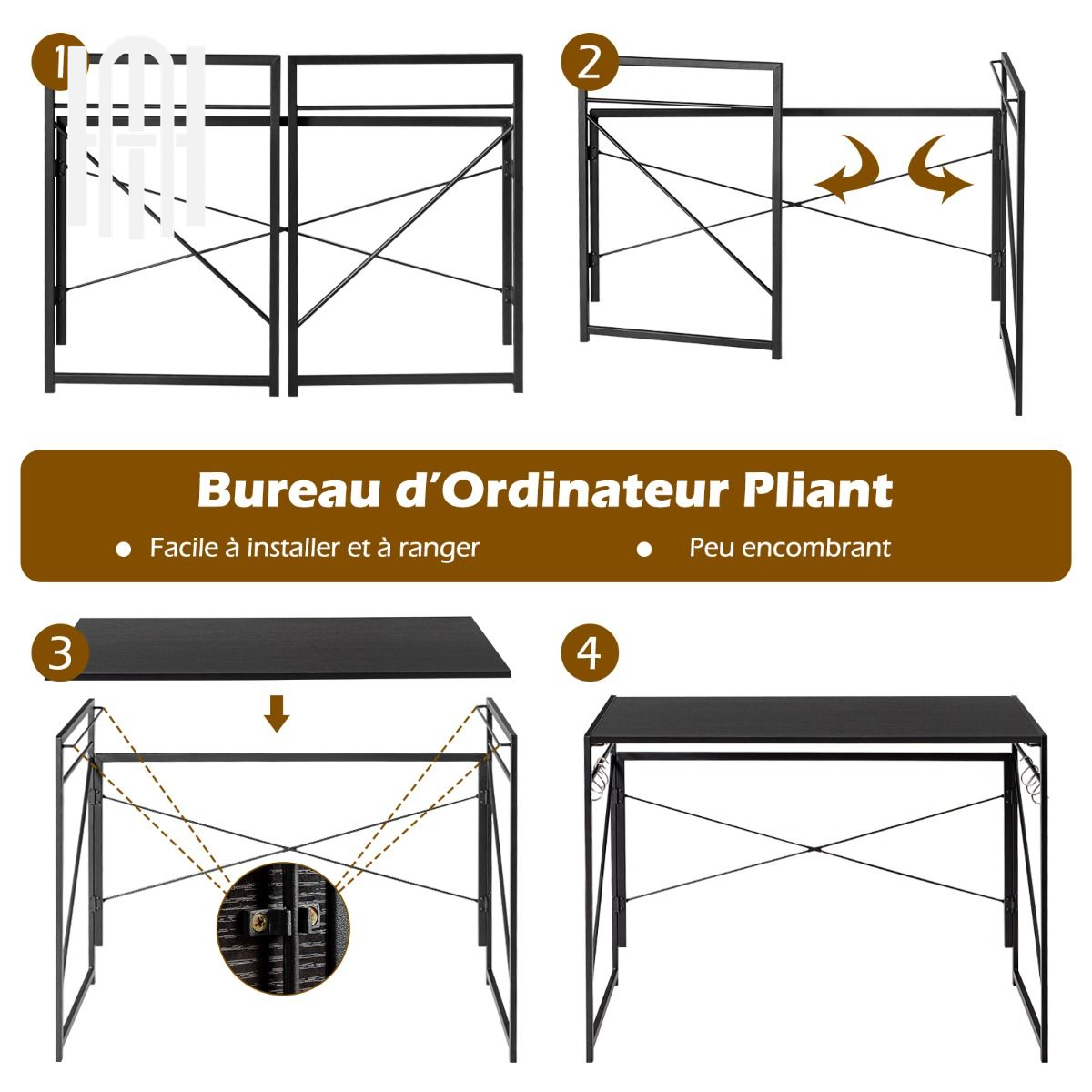 Bureau d’Ordinateur Pliant avec Cadre Métallique et Crochets Intégrés