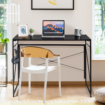 Bureau d’Ordinateur Pliant avec Cadre Métallique et Crochets Intégrés